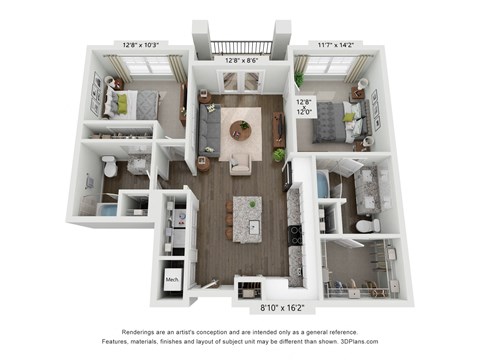 Floor plan for 2 beds, 2 baths, 998 sqft